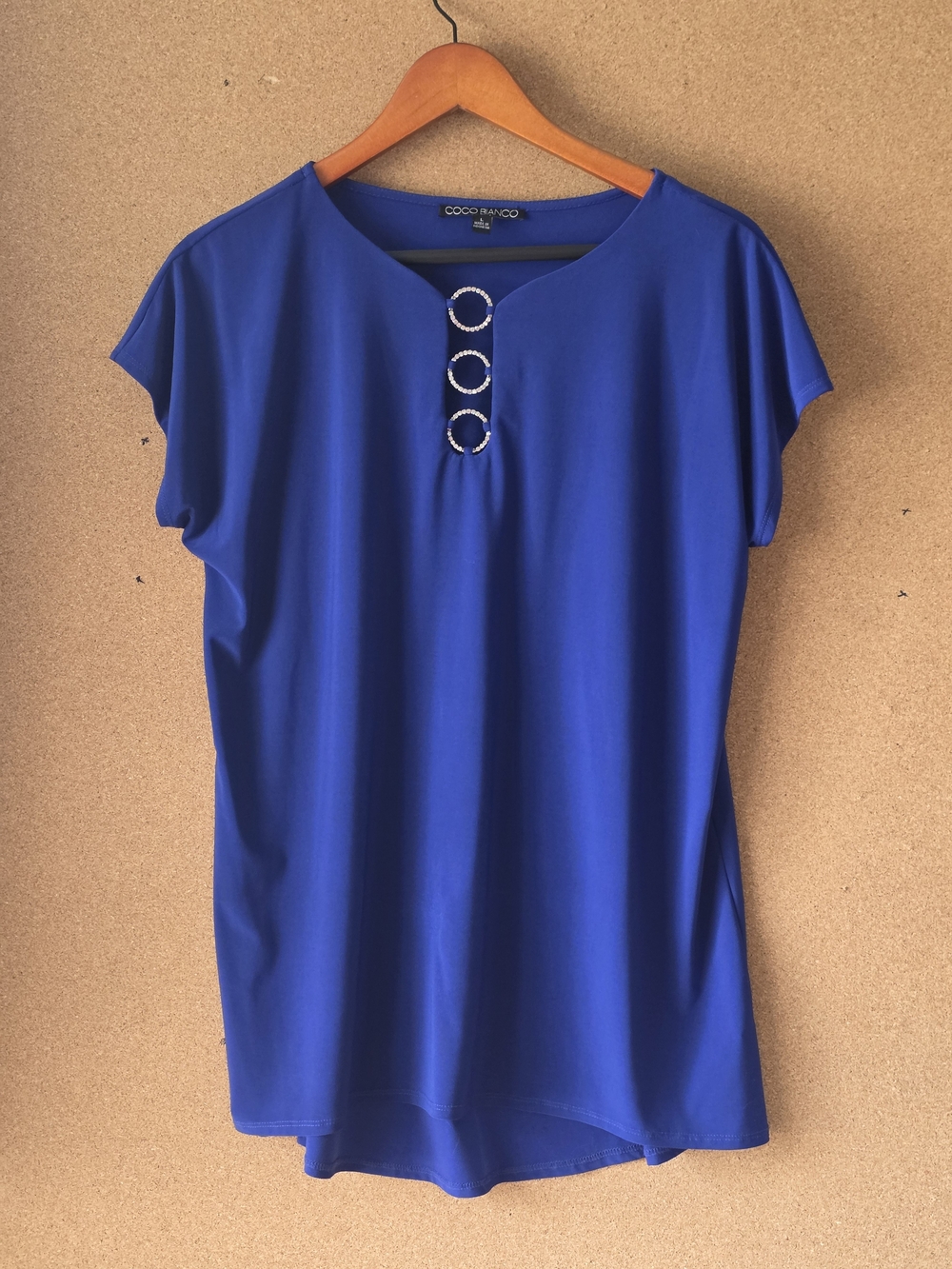 Coco Bianco Royal Blue O-Ring Rhinestone Tunic Blouse Large